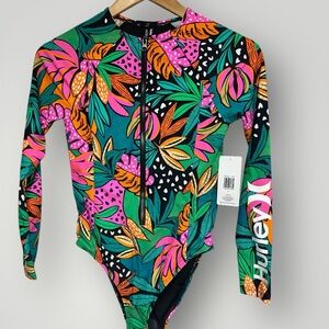 Hurley Women Floral Long Sleeve One Piece Swimsuit UPF Surf Rash Guard Sz Small